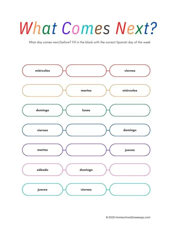 Fill in the blank Spanish days of the week worksheet