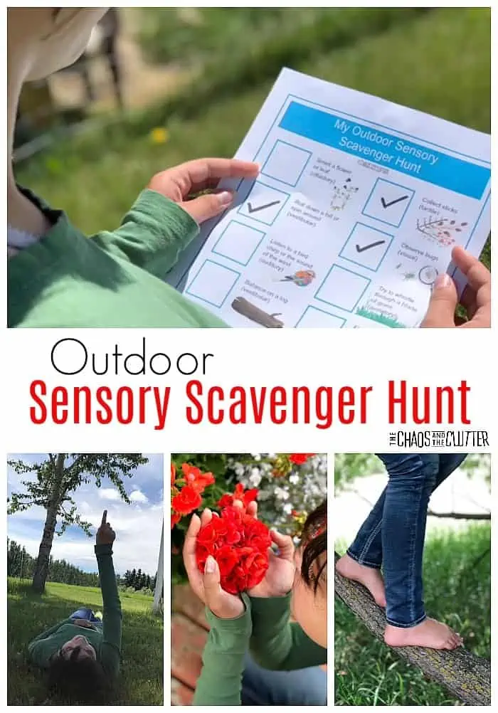 Outdoor Sensory Scavenger Hunt with photos of kids outside