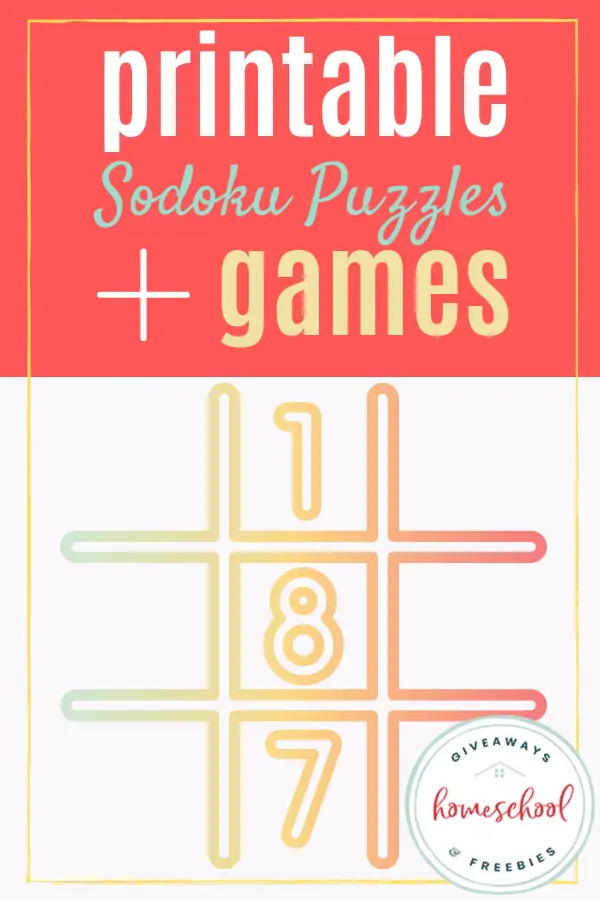 White background with text overlay in a coral color. The text overlay is the post title Printable Sudoku Puzzles + Game Rules with a Sudoku grid in the background.