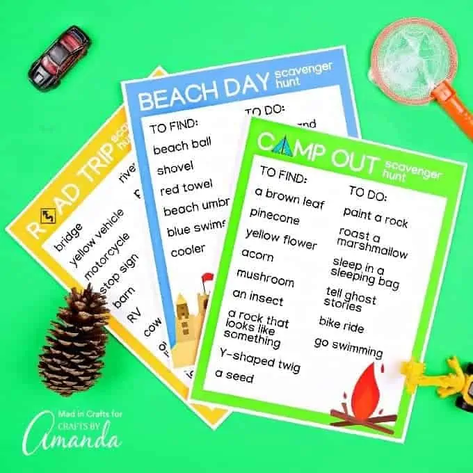 printable sheets for scavenger hunts: road trips, beach day, camping