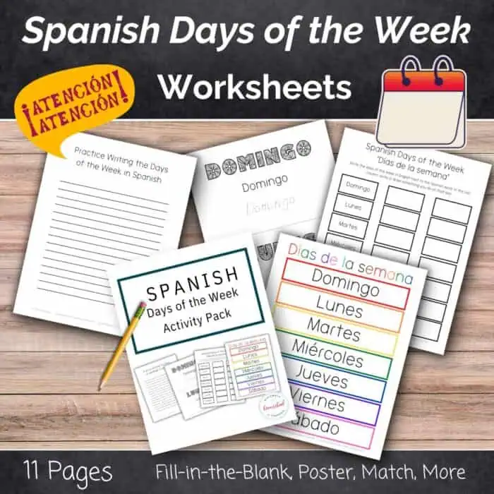 spanish days of the week worksheet pack previews 5 images