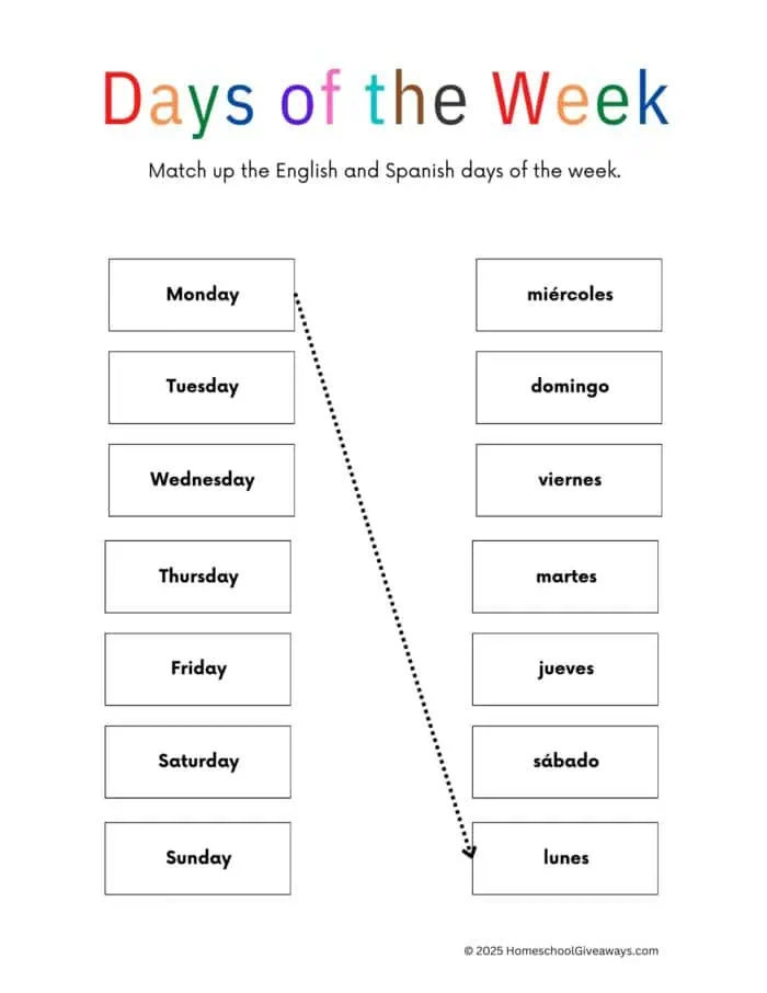 english to spanish days of the week match worksheet 