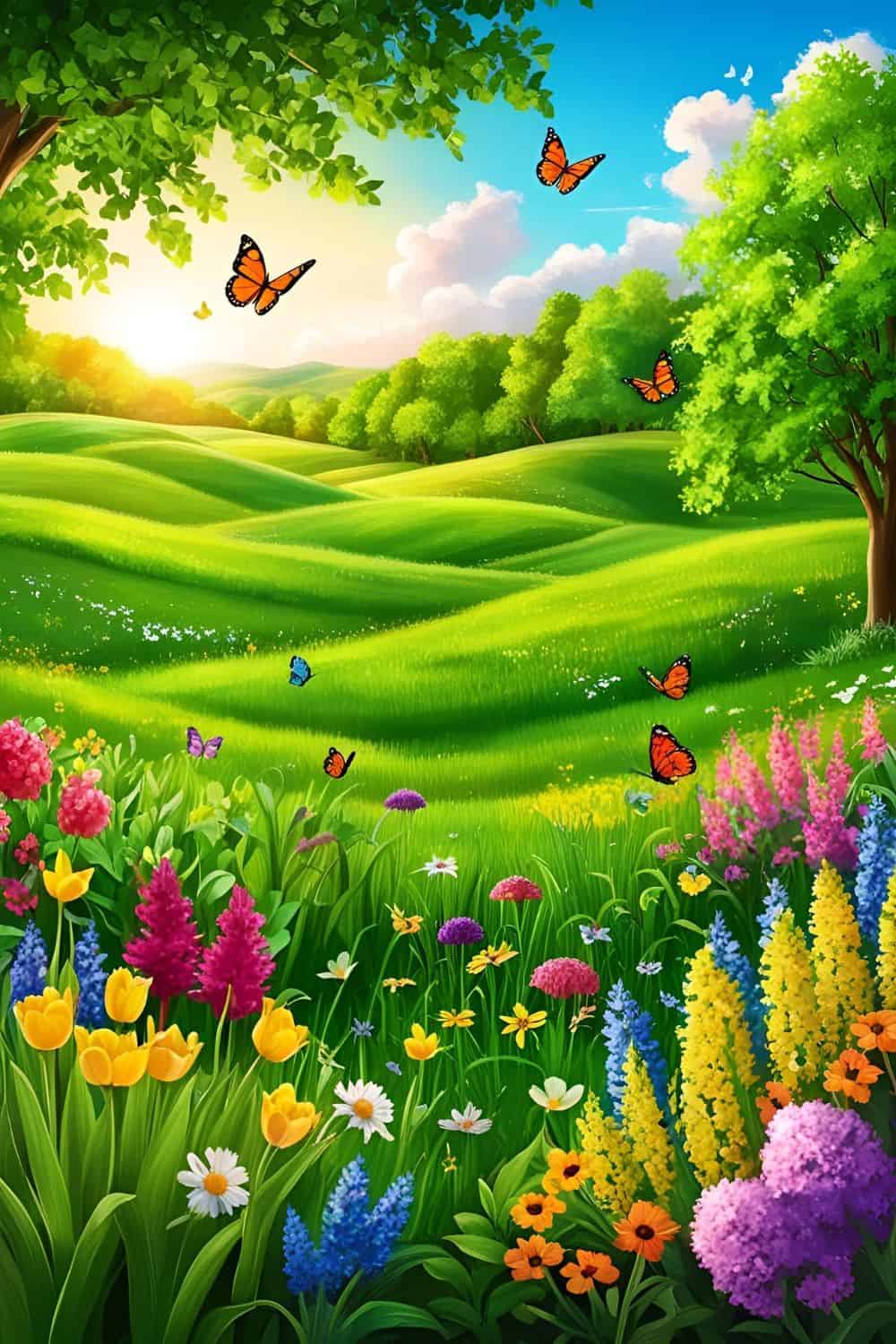 spring coloring pages with image of green grass, spring flowers and butterflies
