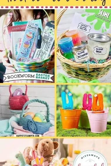 DIY Easter Basket Ideas That are Non-Candy text with image of easter basket with cute toys.
