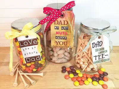 different jars filled with treats for dad with special gift tags