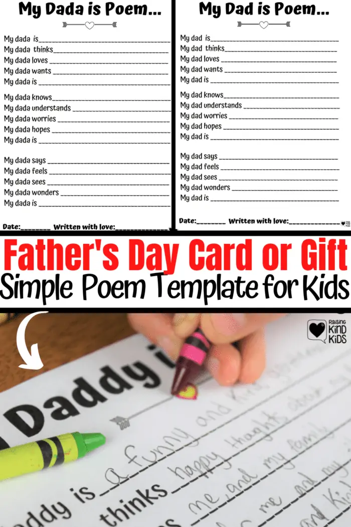 father's day card or gift simple poem template for kdis