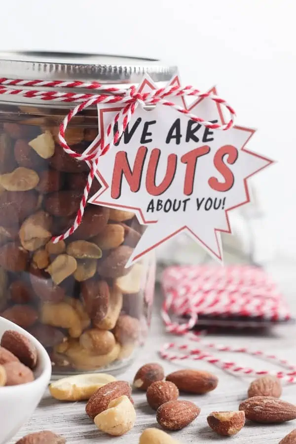 we are nuts about you printable tag on a jar of mixed nuts. 