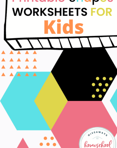 Printable Shapes Worksheets for Kids, text overlay with multiple overlapping hexagonal shapes in various colors.