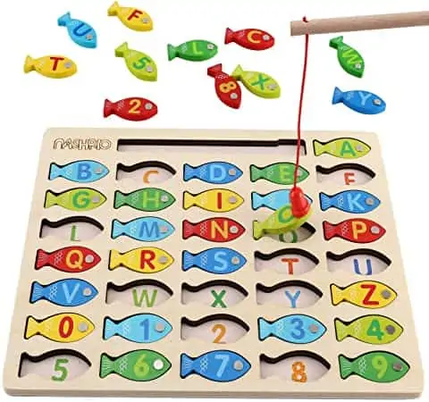 This image is of the Alphabet Fish Catching Game with Letters and Numbers, and it shows the fish game pieces and wooden catching tool for the fish.