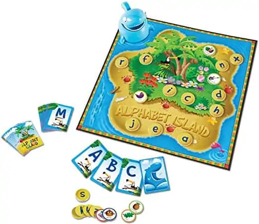 This is an image of theAlphabet Island Letter and Sound Board Game with cards and game pieces.