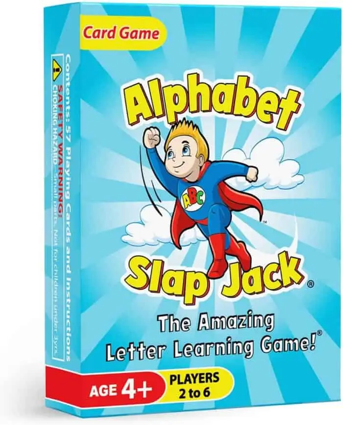 This image is of the sky blue colored Alphabet Go Fish Slapjack Game that has a superboy image in the middle.
