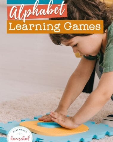 Text overlay with the title, "The Best Alphabet Learning Games " and the image is of a boy playing with foam alphabet puzzle play mats on the floor.