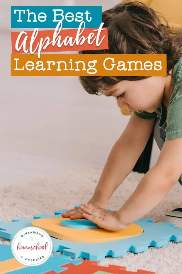 Text overlay with the title, "The Best Alphabet Learning Games " and the image is of a boy playing with foam alphabet puzzle play mats on the floor.