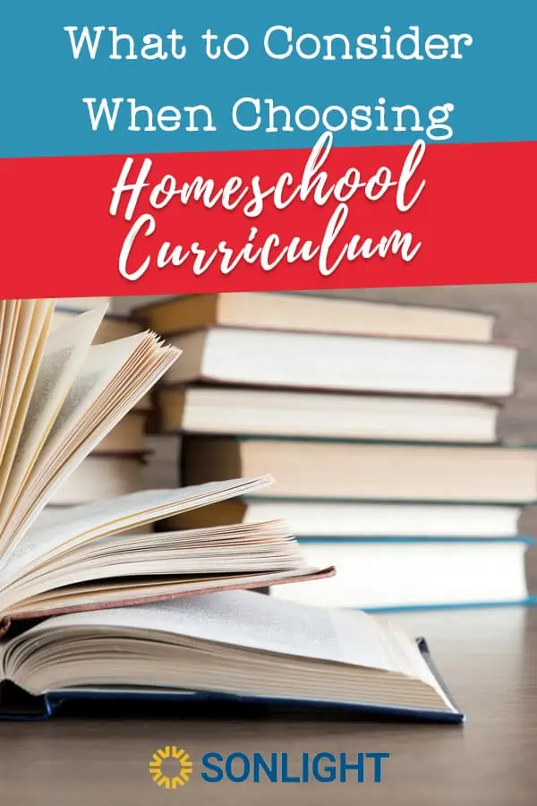 What to Consider When Choosing Homeschool Curriculum with picture of a stack of books