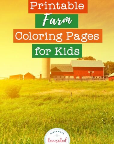 A landscape view of a farm with sunlight shining down on the field and home with title overlay, Printable Farm Coloring Pages for Kids .