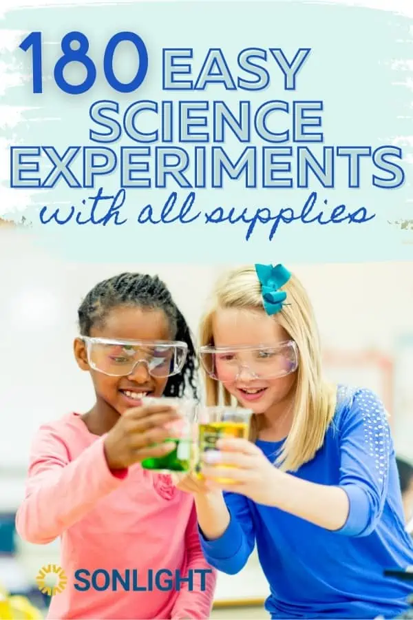 kids doing a science experiment with text 180 Easy Science Experiments With All Supplies