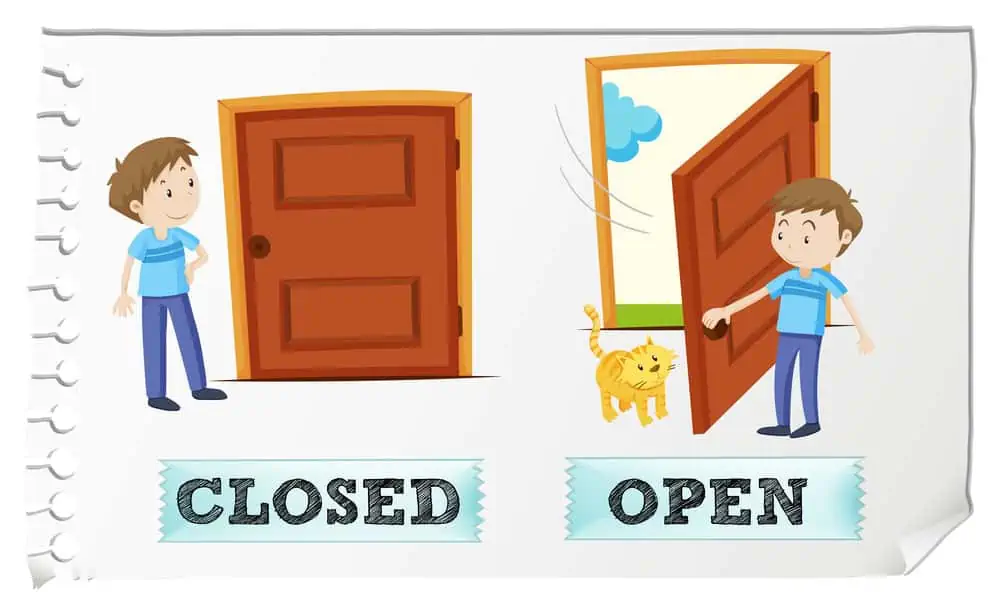 example of antonyms using a cartoon character and an open and closed door