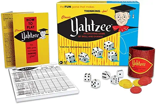 Classic Yahtzee, An Exciting Game Of Skill And Chance board game and pieces