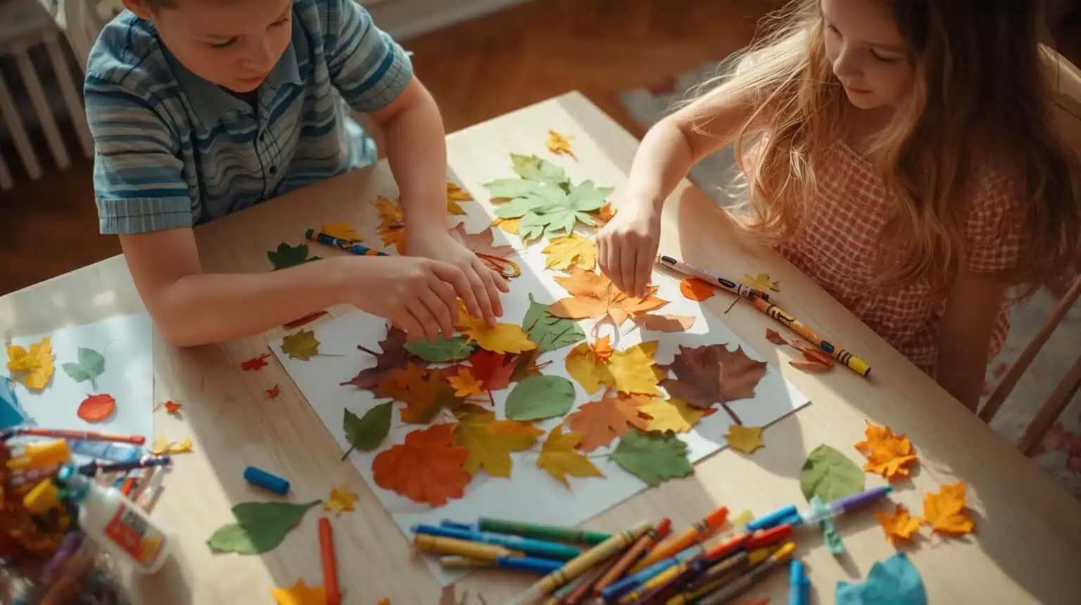 boy and girl creating a collage with leaf templates of different colors