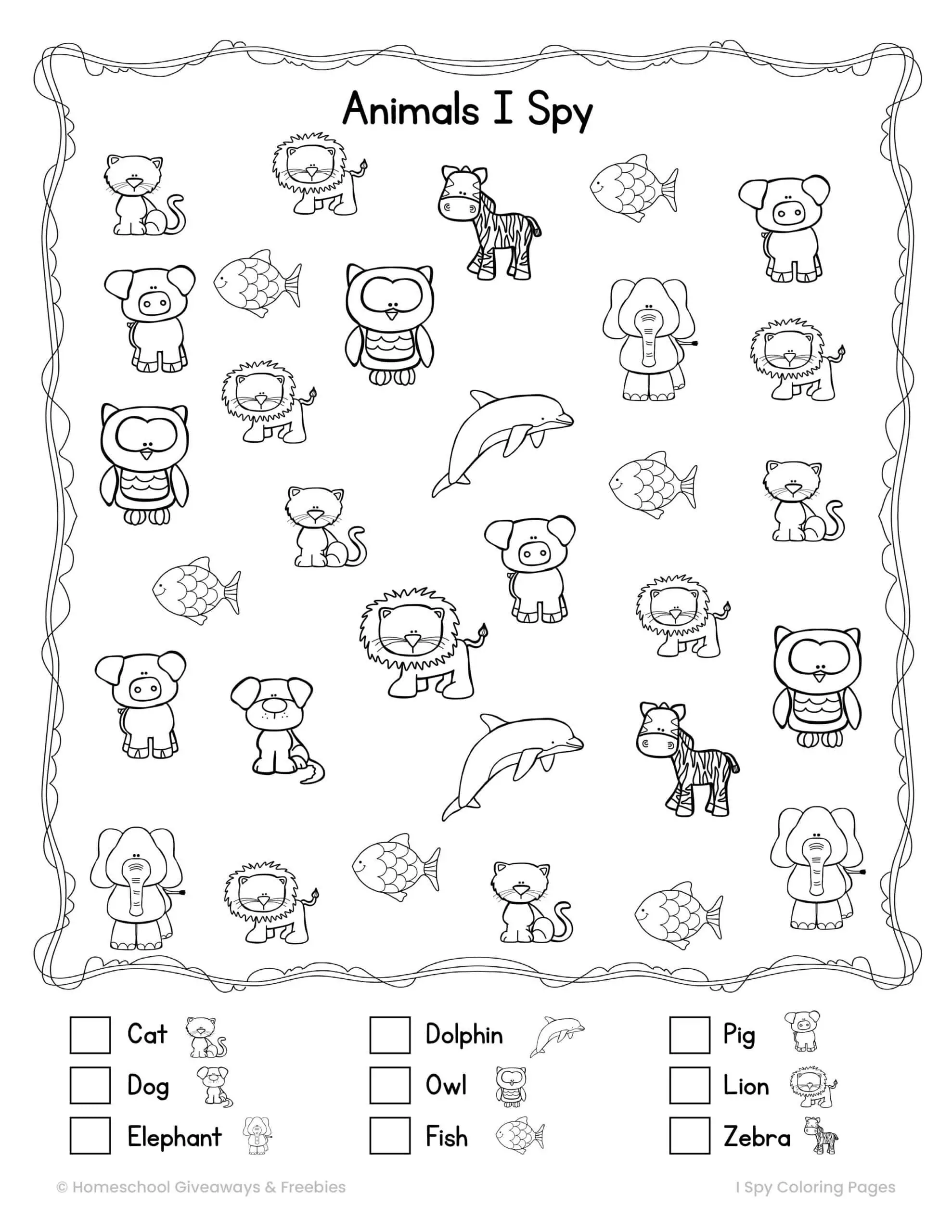 animals i spy coloring page with 9 animals like cat, dog, pig , lion and more