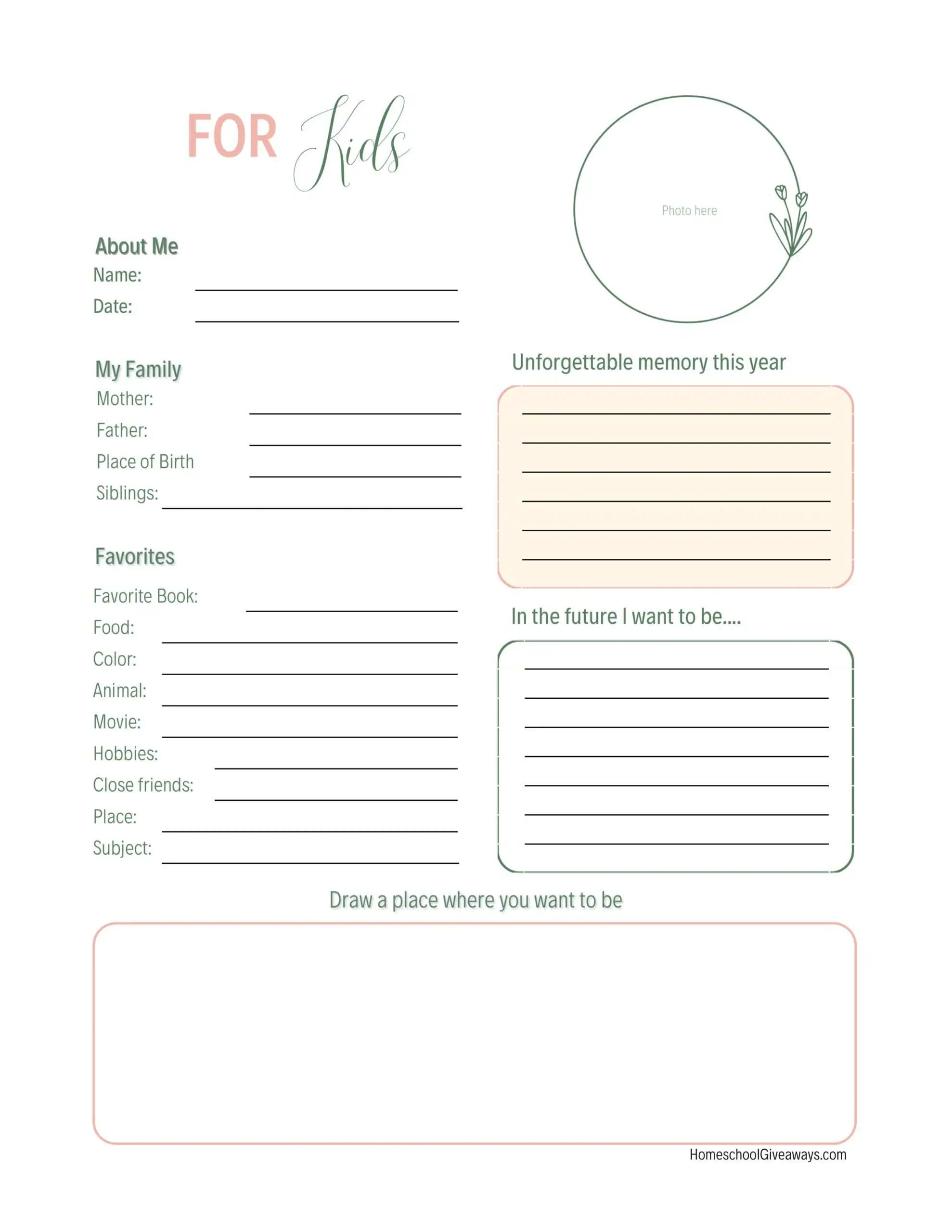 Preview page for kids to record their favorite things from the year, including favorite memory, book, food, movie, and more in the Family Memories Pack