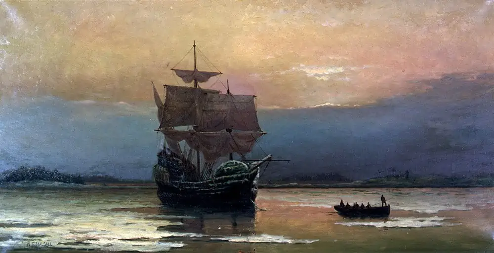 Mayflower in Plymouth Harbor, by William Halsall