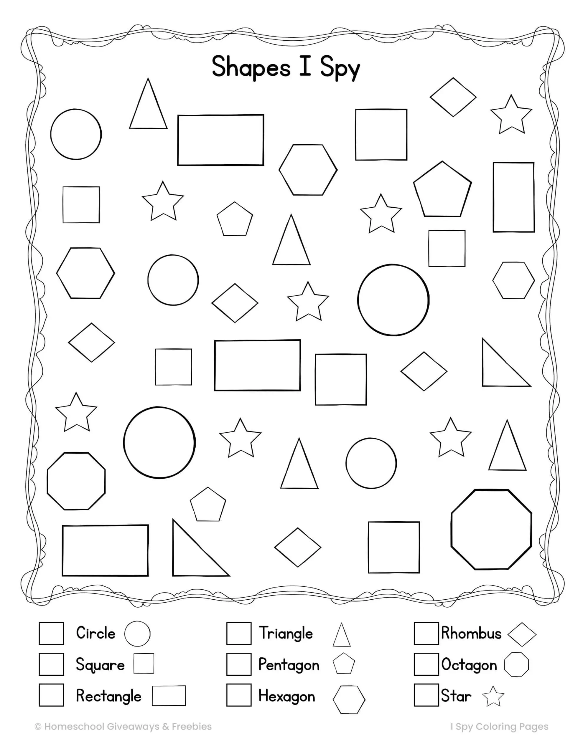 shapes I spy coloring page with 9 shapes like circle, triangle, star and more