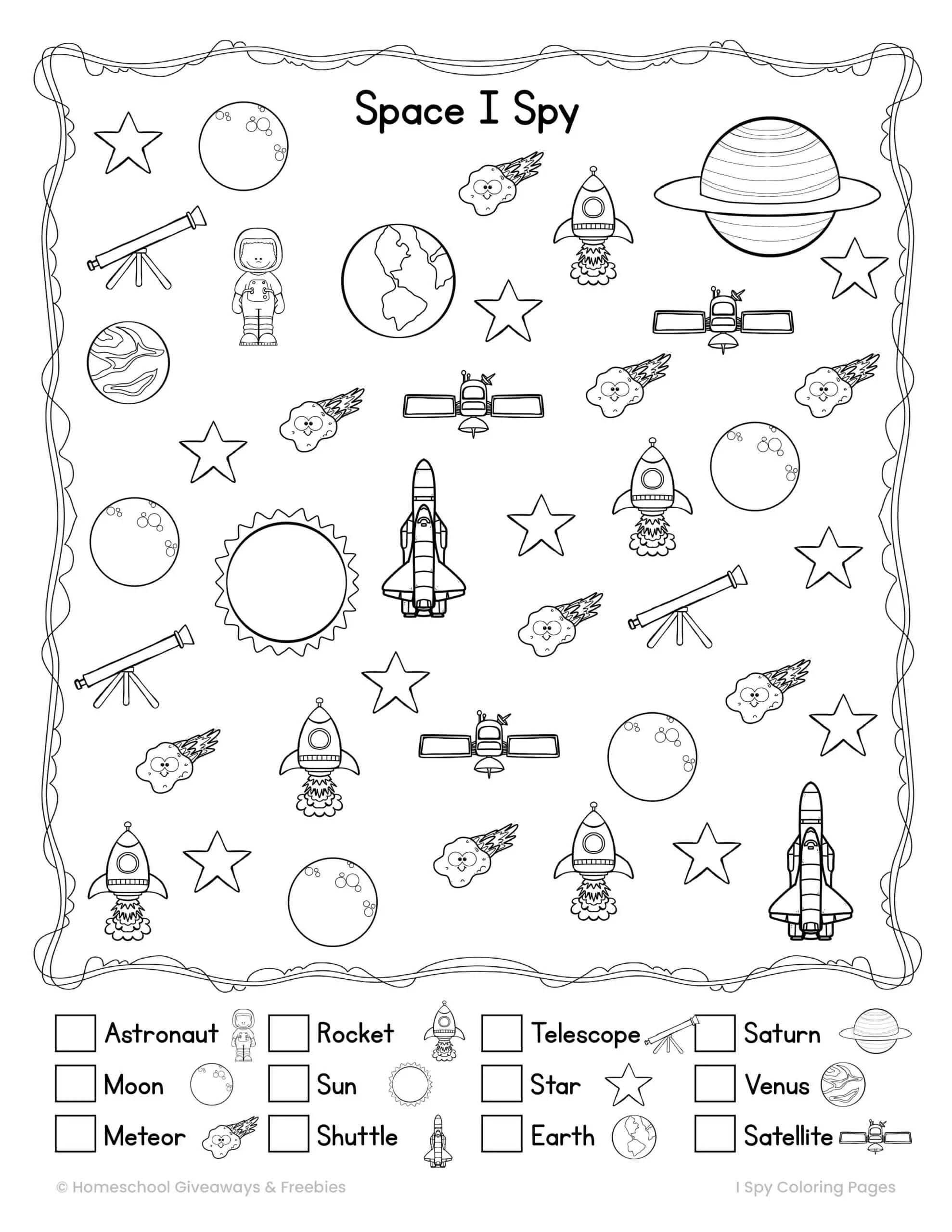 space I spy coloring page with 9 images to find like sun, moon, star, rocket and more