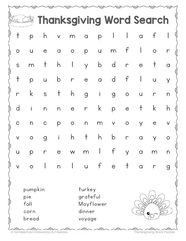 Thanksgiving word search easy level