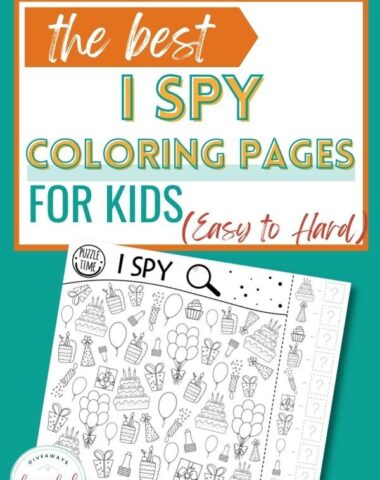 The image is on a greenish/blue background with text overlay that says, "The Best I Spy Coloring Pages for Kids (Easy-Hard)" and has an I Spy activity sheet on the bottom half of the page.