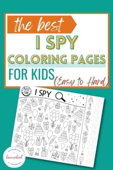 The image is on a greenish/blue background with text overlay that says, "The Best I Spy Coloring Pages for Kids (Easy-Hard)" and has an I Spy activity sheet on the bottom half of the page.