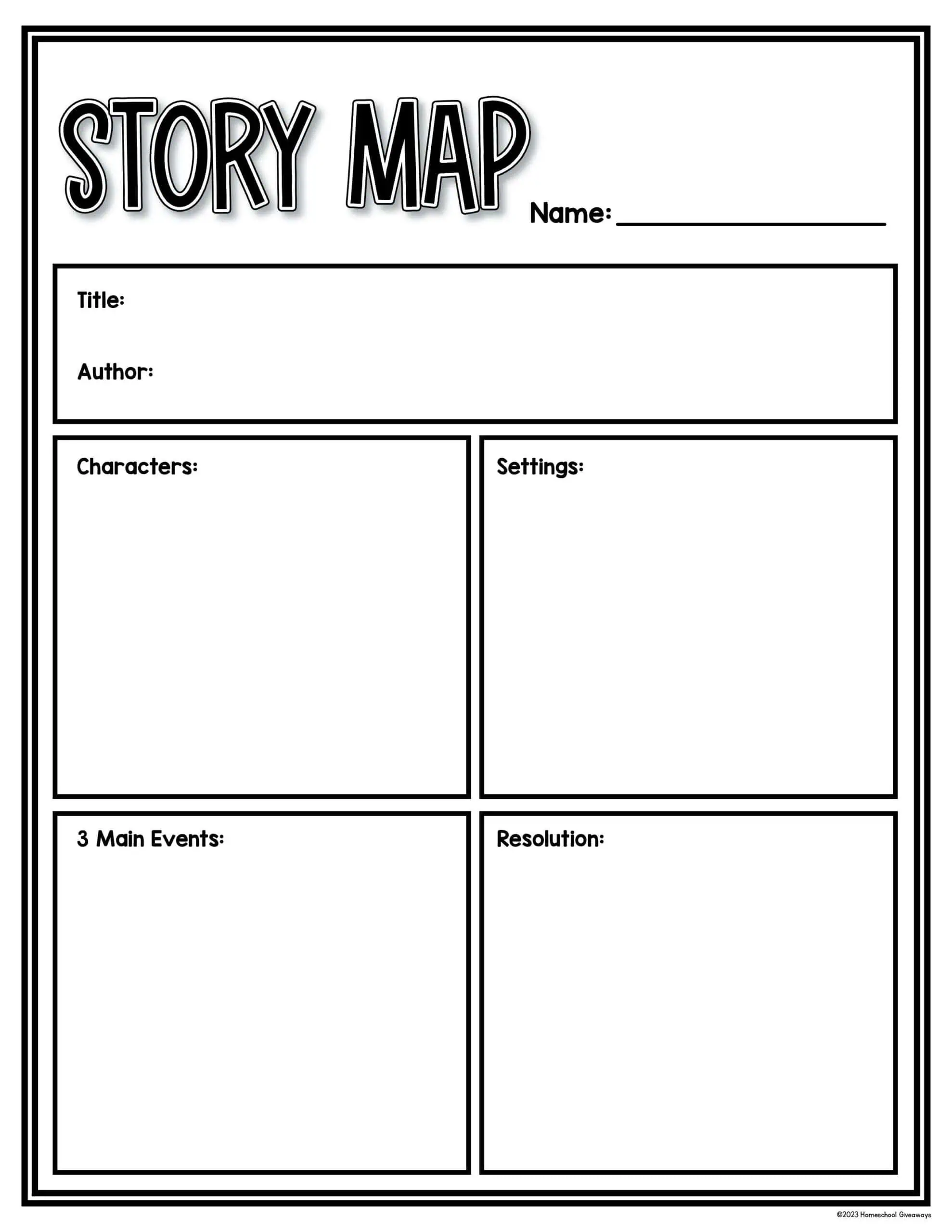 Plot diagram story map graphic organizer template showing rising action, climax, falling action, and resolution, designed for middle and high school students to analyze story structure.