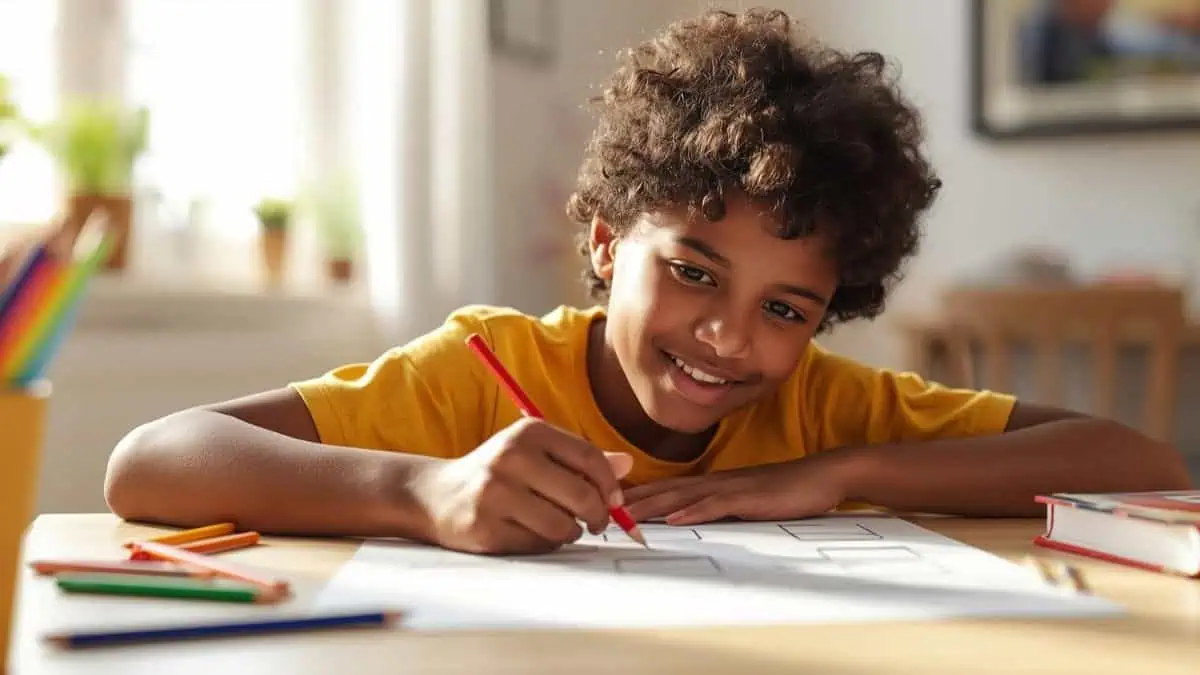 Smiling boy working on a story map graphic organizer at his desk at home, with pencils and notebooks nearby.