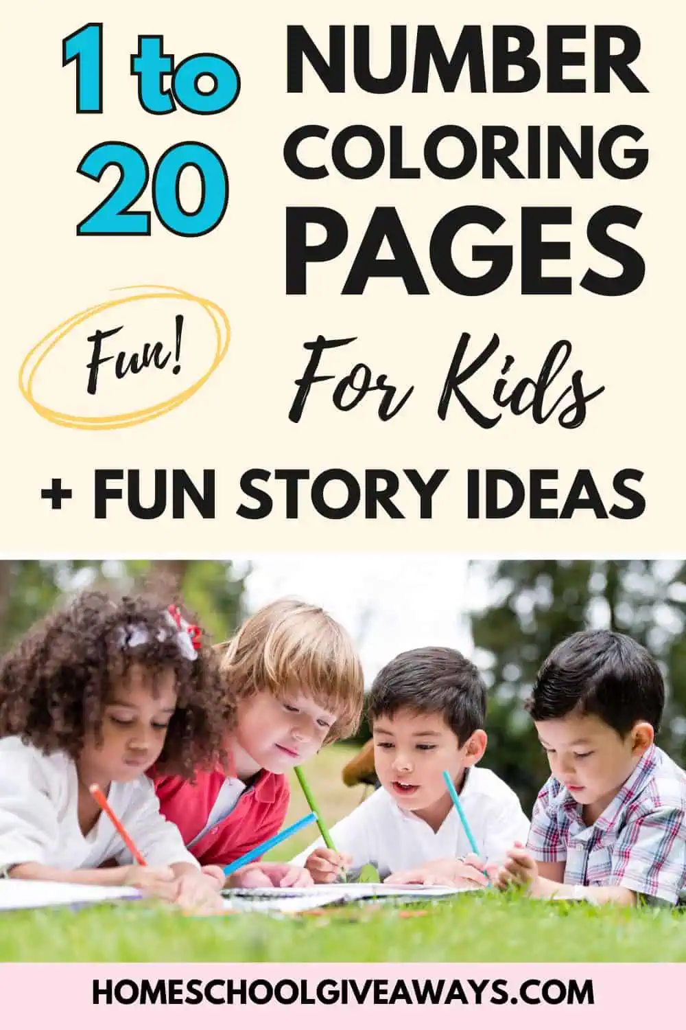 1-20 number coloring pages with 4 kids coloring outside