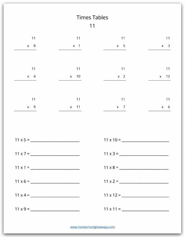 11 times tables
