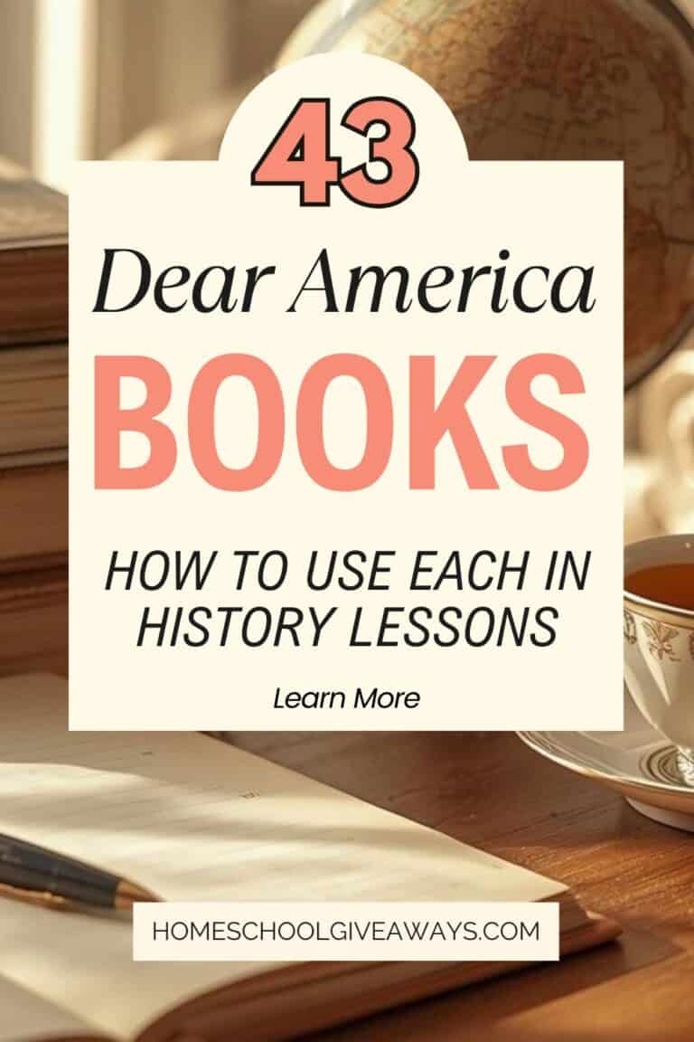 A stack of books and a journal, pen and cup of tea on a wooden table with text overlay of "43 Dear America Books | How to Use Each in History Lessons"