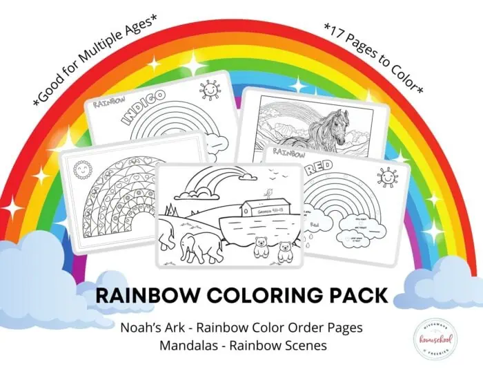 Rainbow with pictures of pages from coloring pack