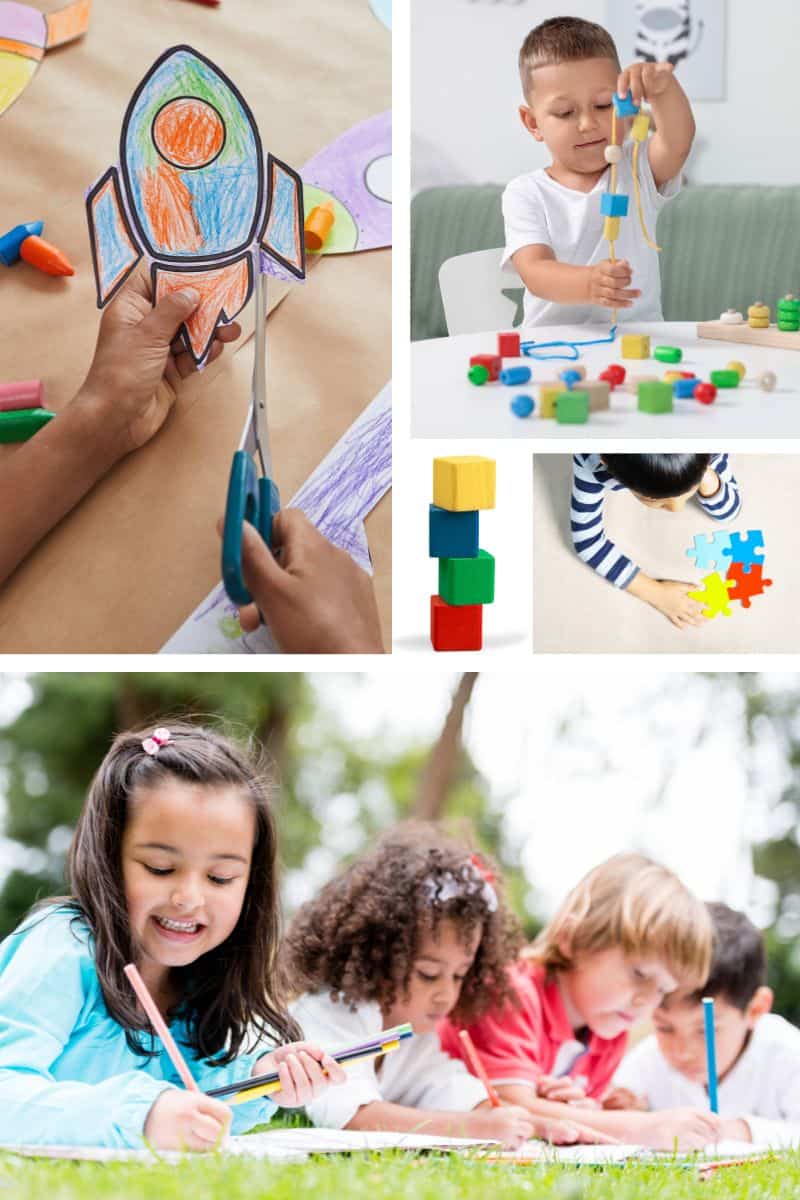 Fine Motor Skills for each age group shows kids writing, cutting stringing beads, putting together a puzzle & a tower of blocks
