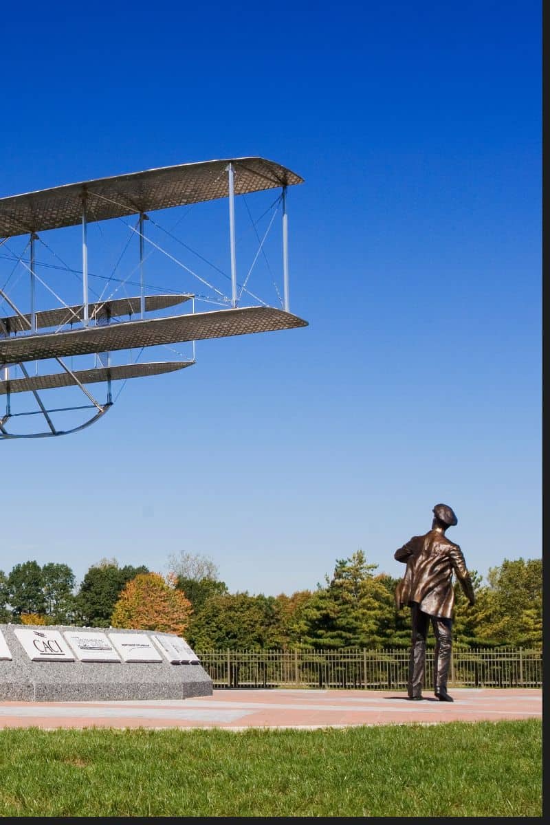 ohio state national Parks image shows blue sky with bronze statue of a man looking up at a bronze statue of Wright brothers plane