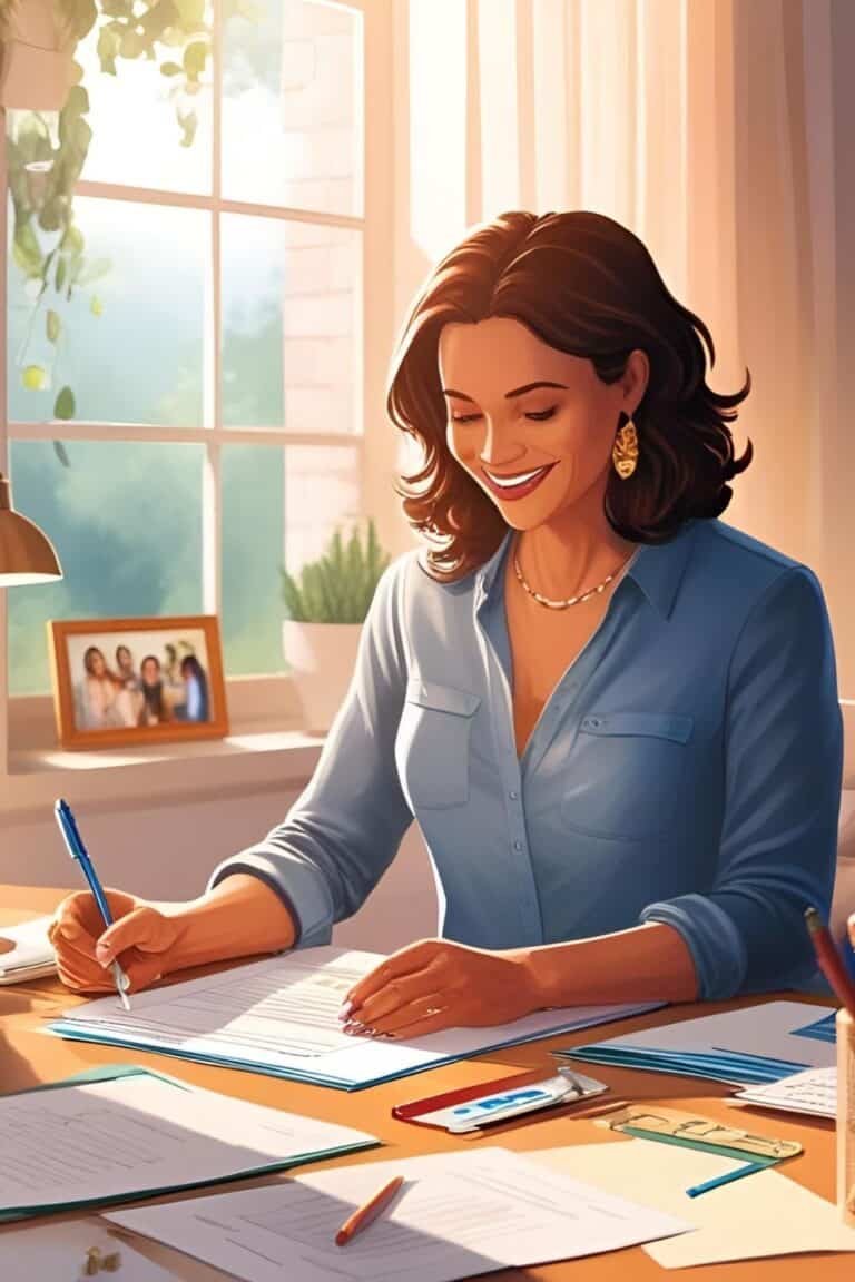 graphic of mom sitting at desk smiling and filling out a high school transcript template