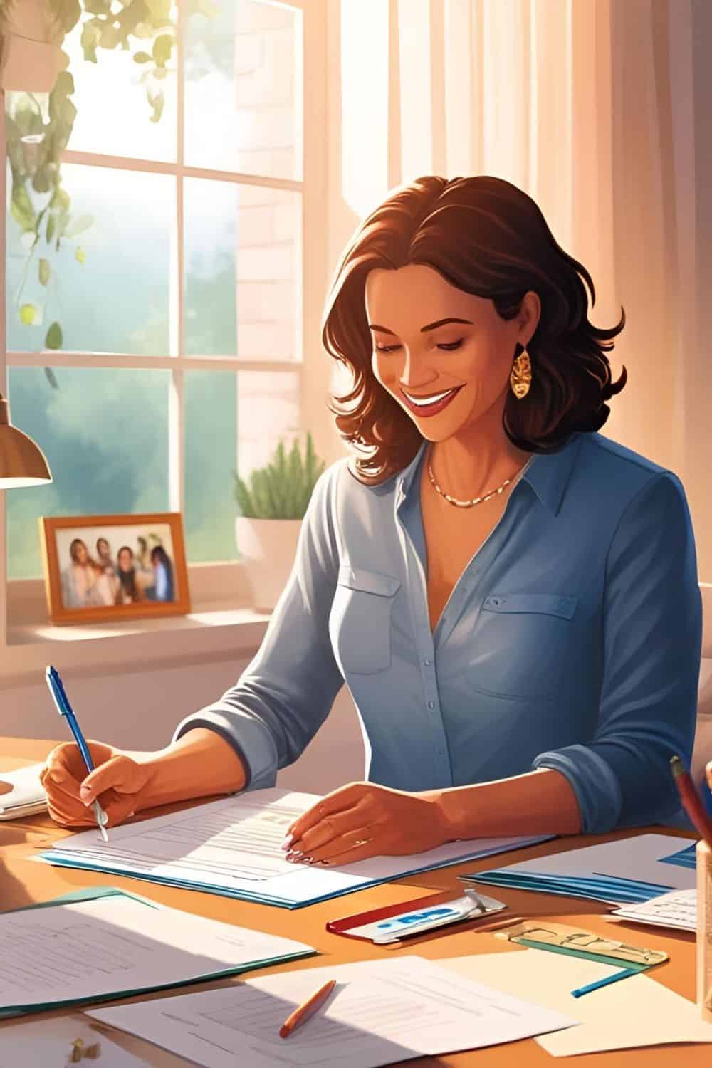 graphic of mom sitting at desk smiling and filling out a high school transcript template
