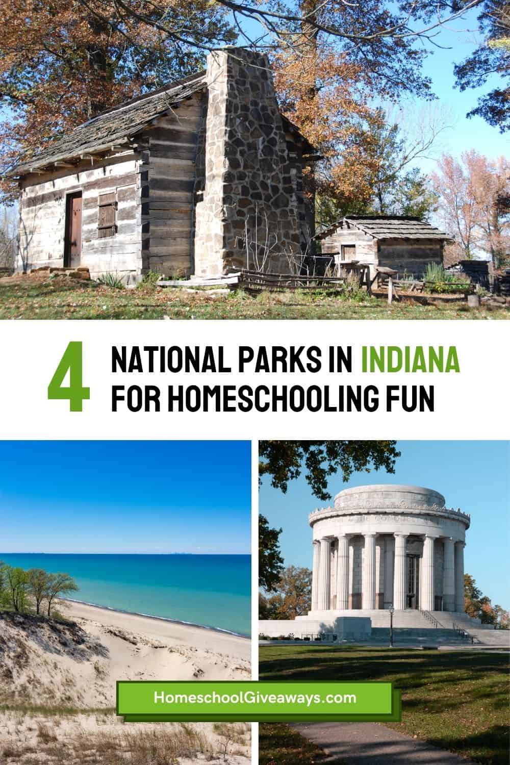 log cabin, lake shore and memorial to see at national parks in Indiana