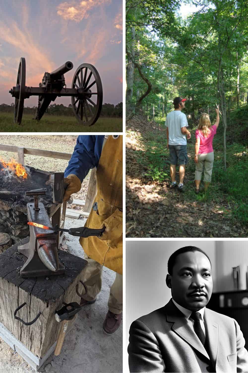 a cannon, people hiking, a blacksmith's anvil and MLK, Jr - national parks in north Georgia