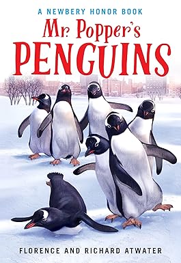 Mr. Popper's Penguins book cover with multiple penguins on the ice