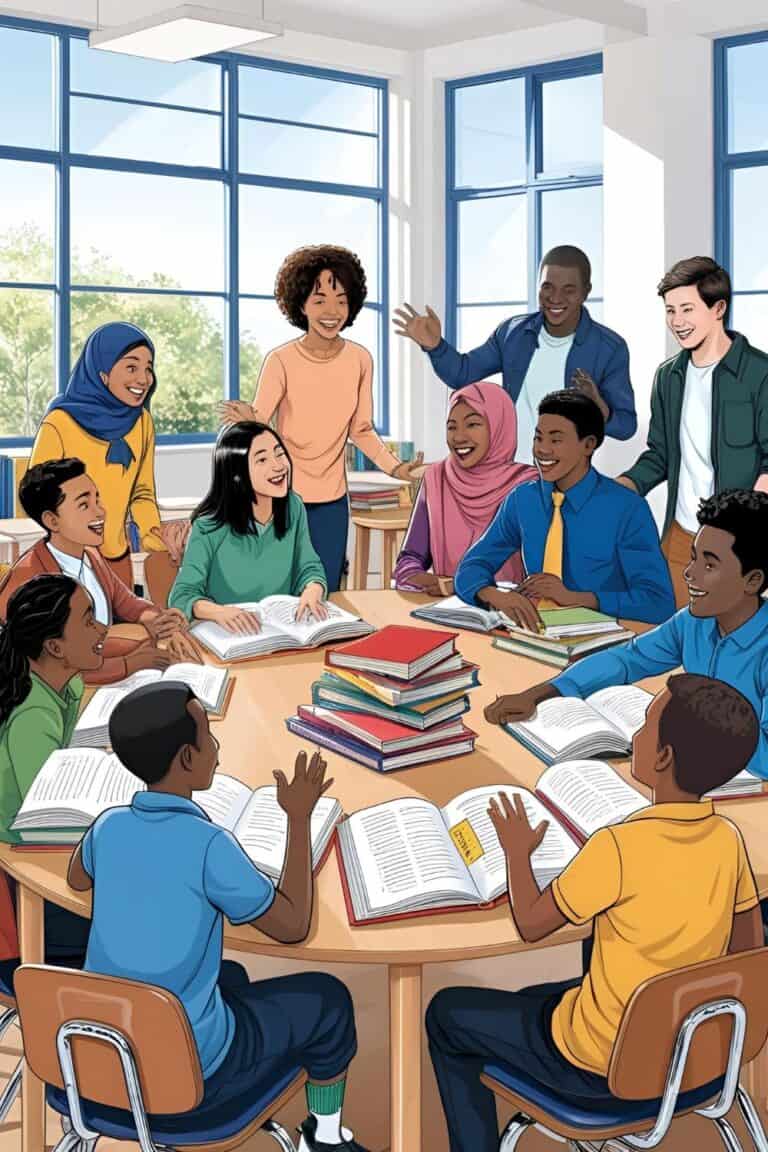secular homeschool curriculum with graphic image of different ethnic groups around a table with books