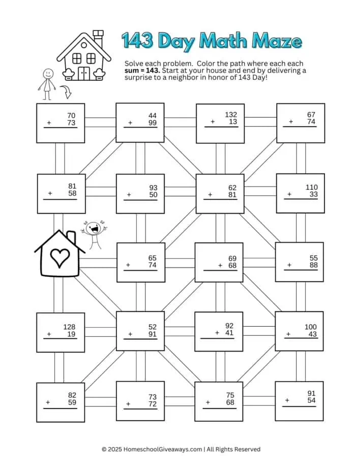 143 day math maze with 2 houses stick people
