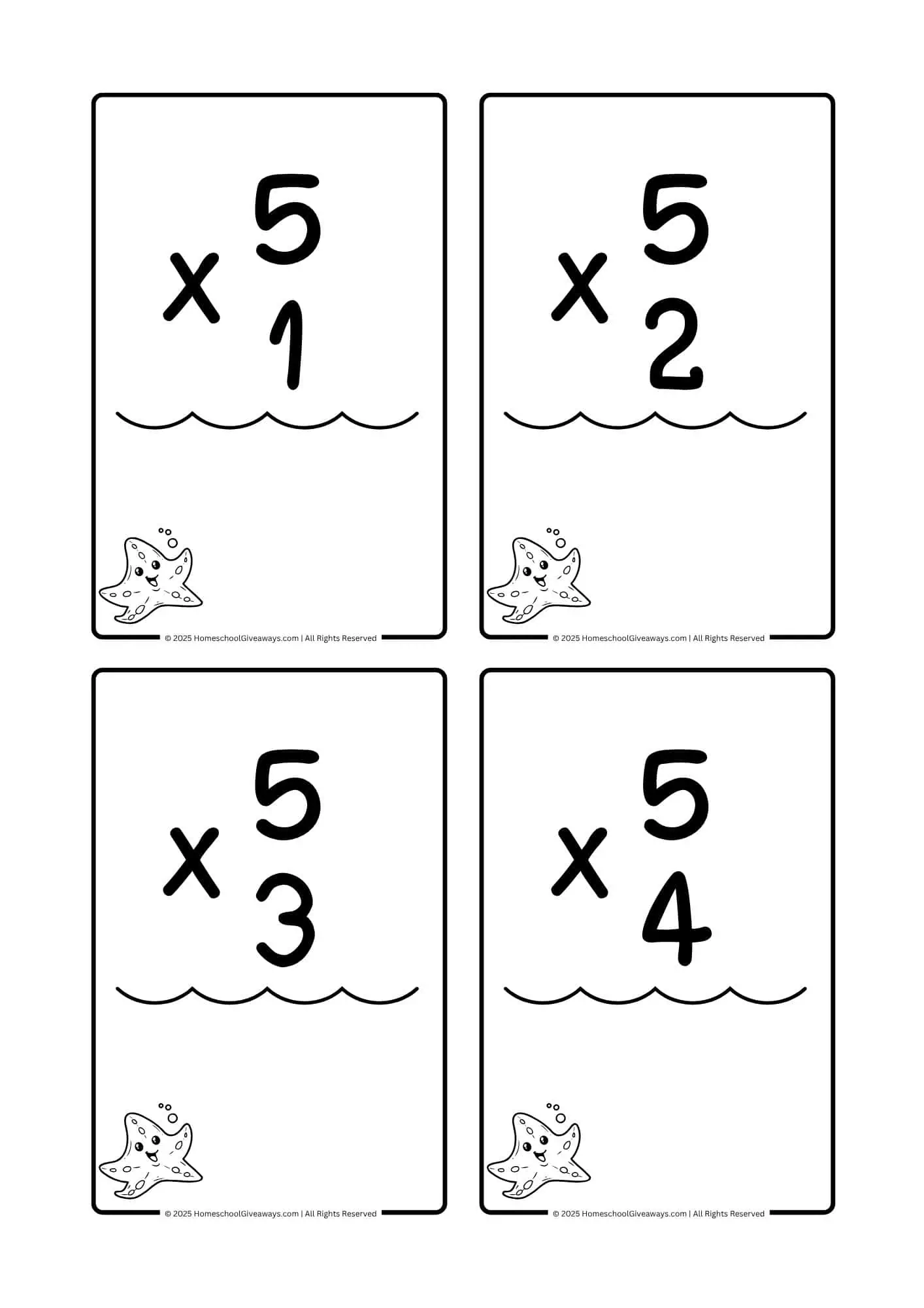 5 times table flashcards with starfish to color