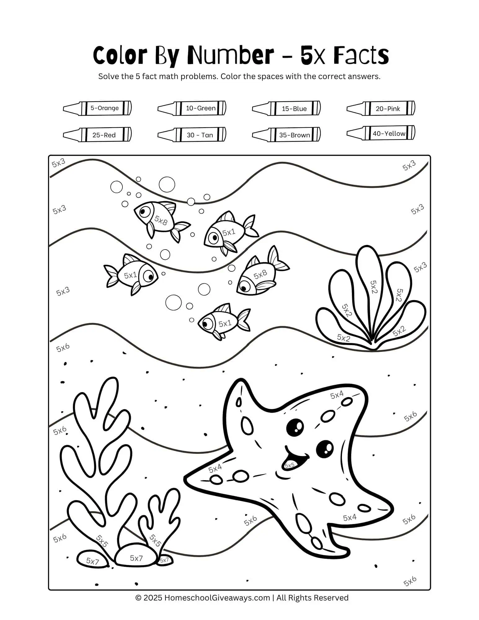 Color by Number 5 times table worksheet with starfish underwater scene