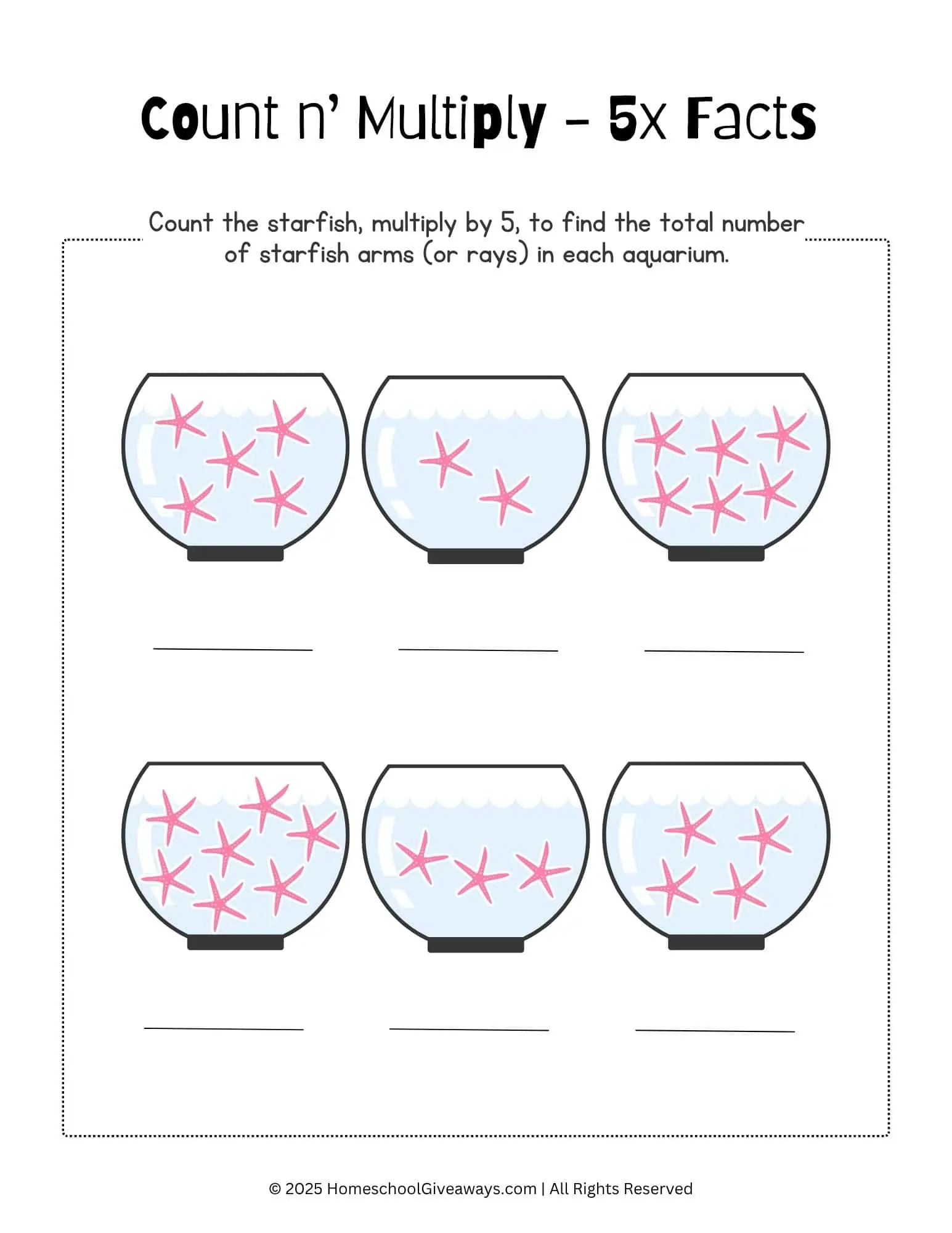 5 times table worksheet to count and multiply starfish arms