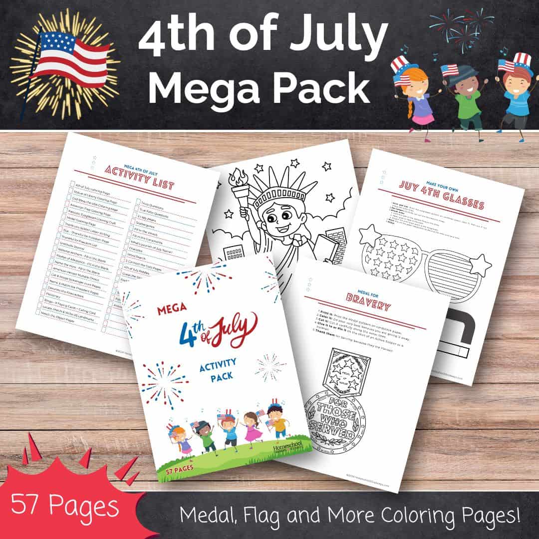 4th of july Activity pack preview of pages with flags and smiling kids